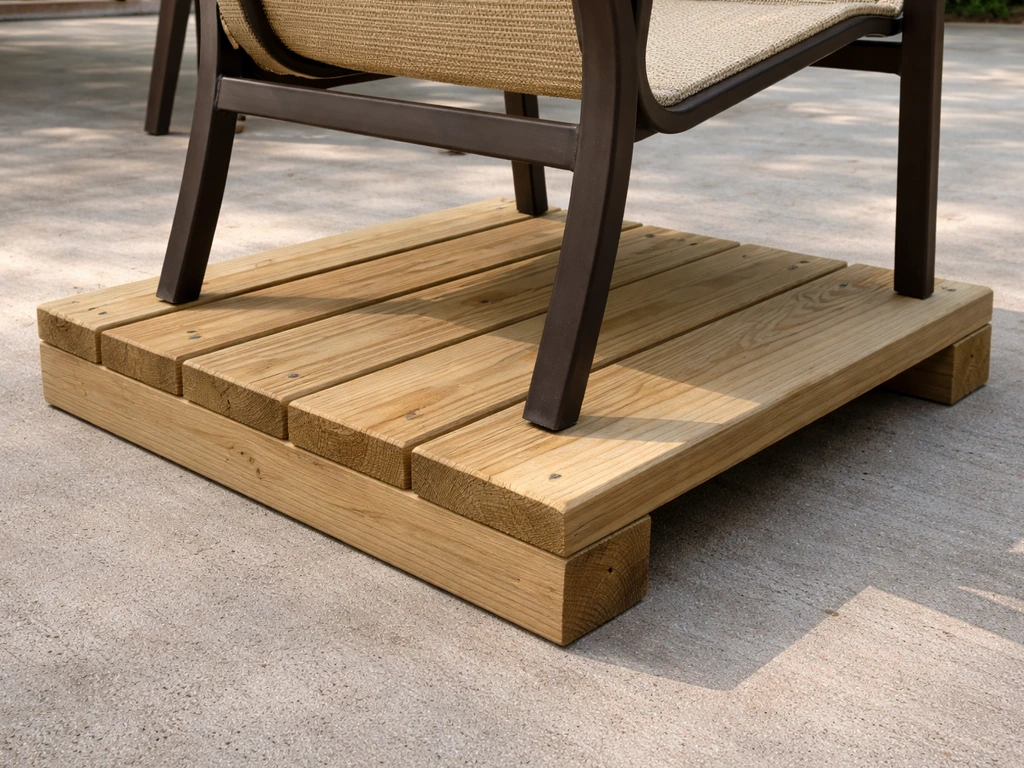 DIY 2x4/2x6 wooden platform supporting a patio chair leg on a concrete patio.