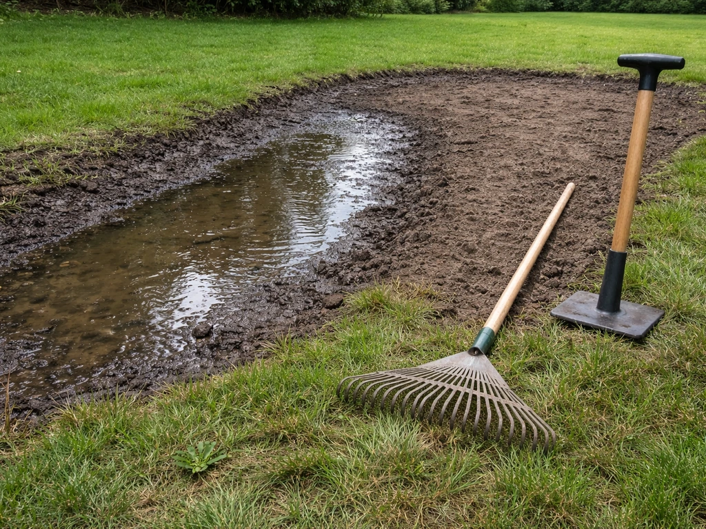 Backyard lawn low spot after rain, with wet soil and leveled compacted ground from recent drainage work.