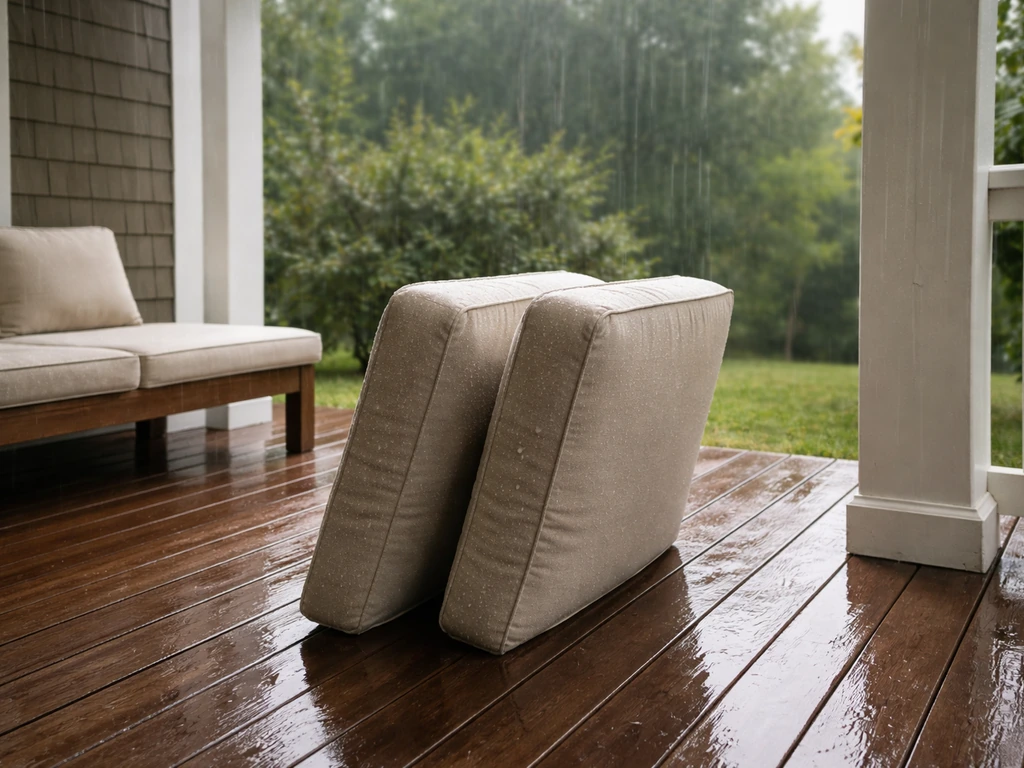 Outdoor cushions being pulled off furniture and stood on their edge under light rain