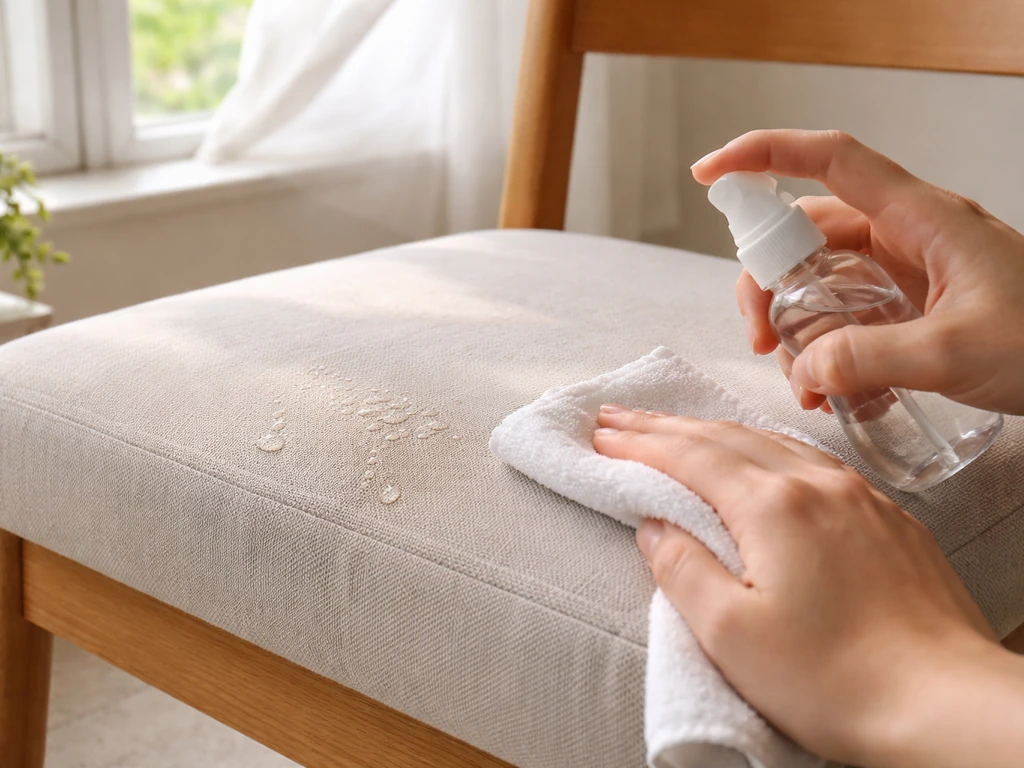 A damp cushion spot-cleaned with a cloth while a cracked window lets in airflow to prevent mildew.
