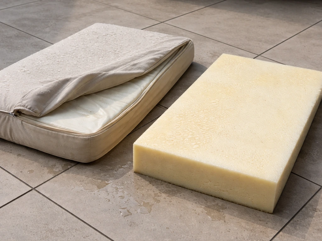 Foam-filled cushion cover unzipped and opened to let the wet foam drain and dry separately.