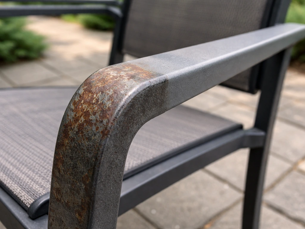 Close-up of weathered metal patio chair with rust on one side and fresh protective coating on the other.