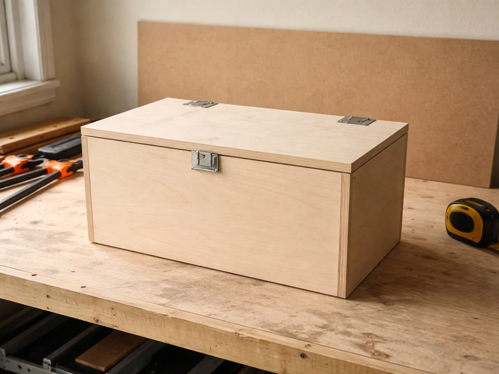 Patio cushion storage box mockup on a workbench with a top-hinged flat lid design concept.