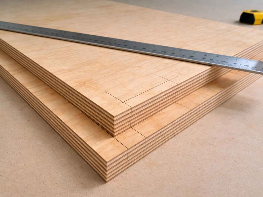 Overhead close-up of exterior plywood sheets with pencil cut lines and a straight edge for DIY patio box.