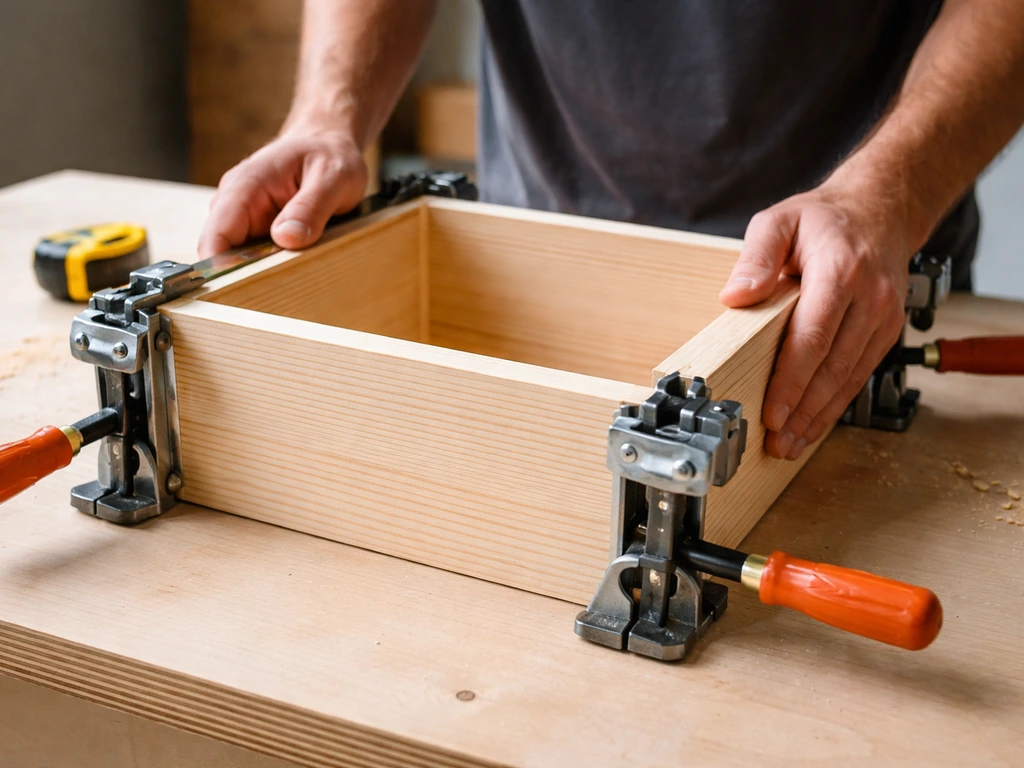 Close-up of hands aligning a wooden box frame with glue, using corner clamps on a workbench