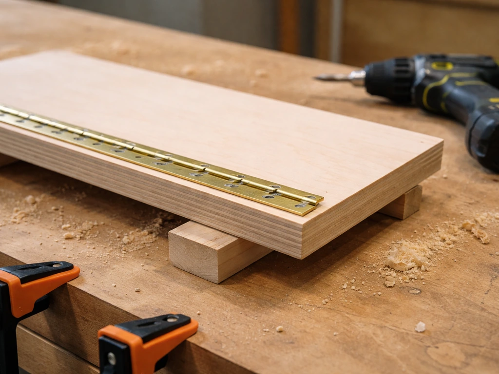 Piano hinge test-fitted on the back top edge of a plywood lid panel on a workbench.