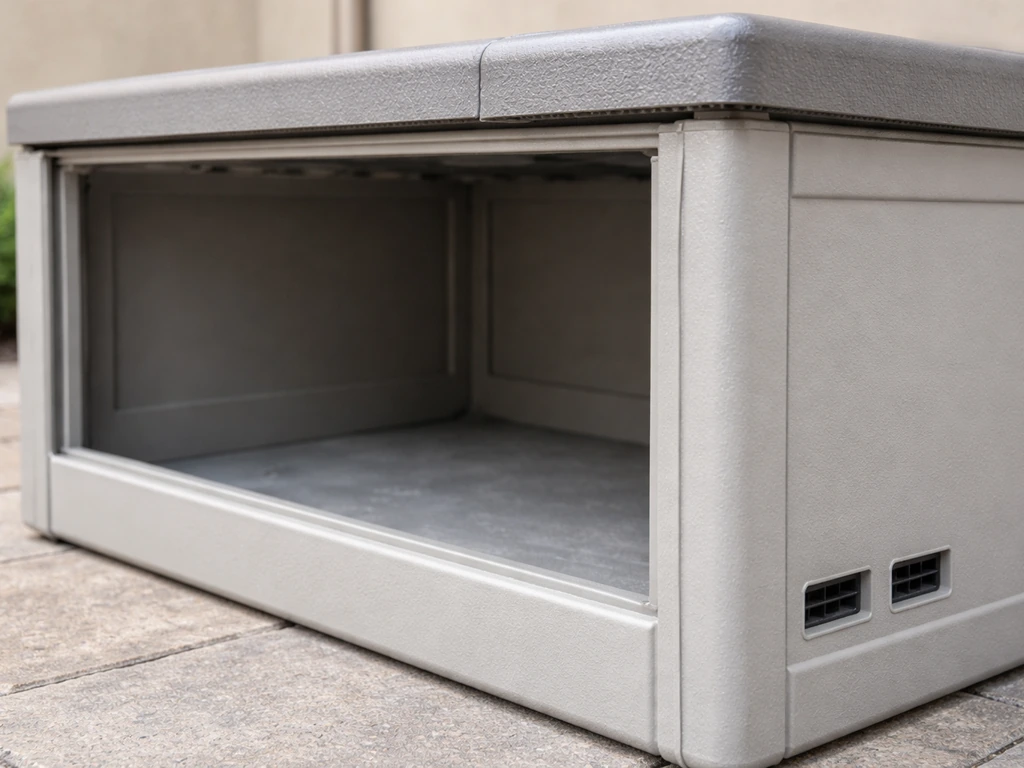 Close-up of a weatherproof outdoor storage box with two side vent openings, showing airflow and sealed seams.