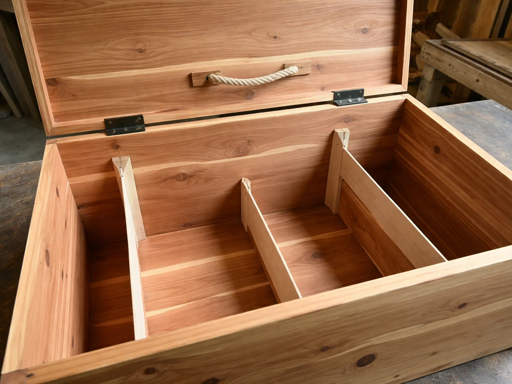 Open wooden box with cedar lining and simple interior dividers/straps for organized cushion storage