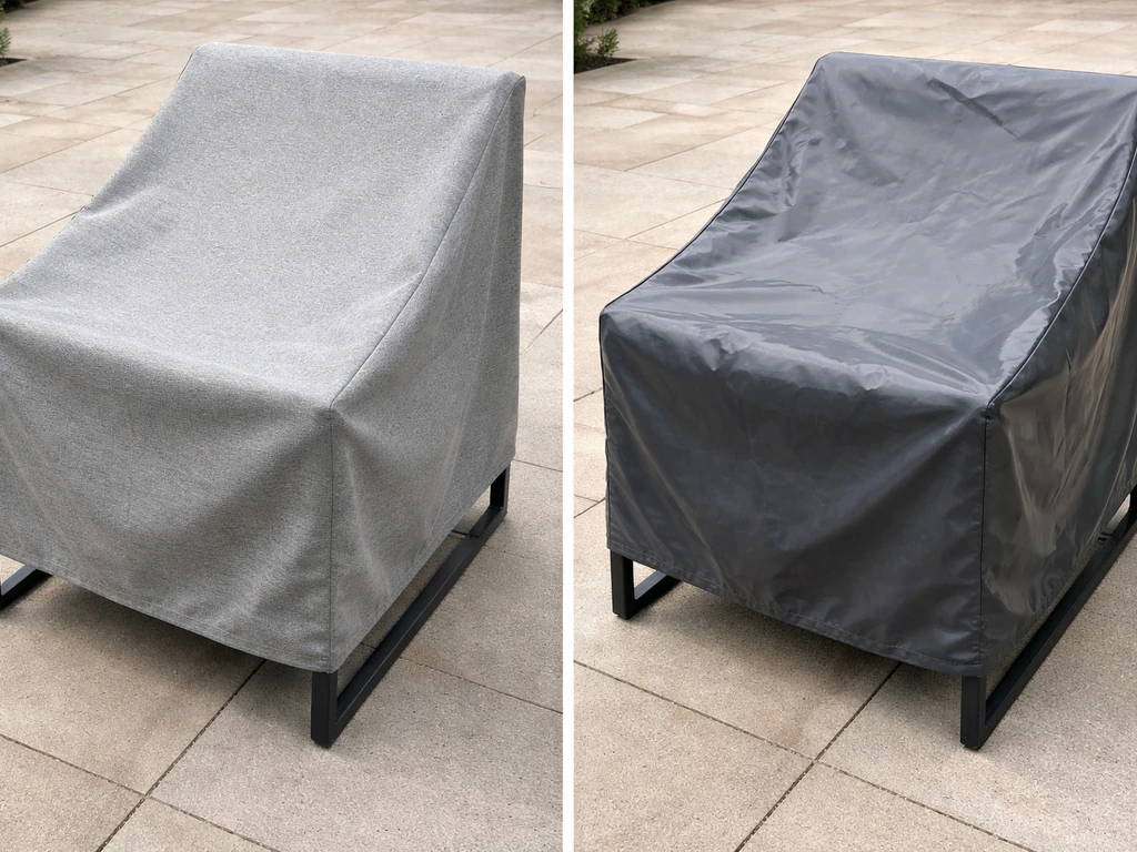 Close-up of two patio chair covers side-by-side: breathable water-resistant vs fully waterproof-looking fabric on frames
