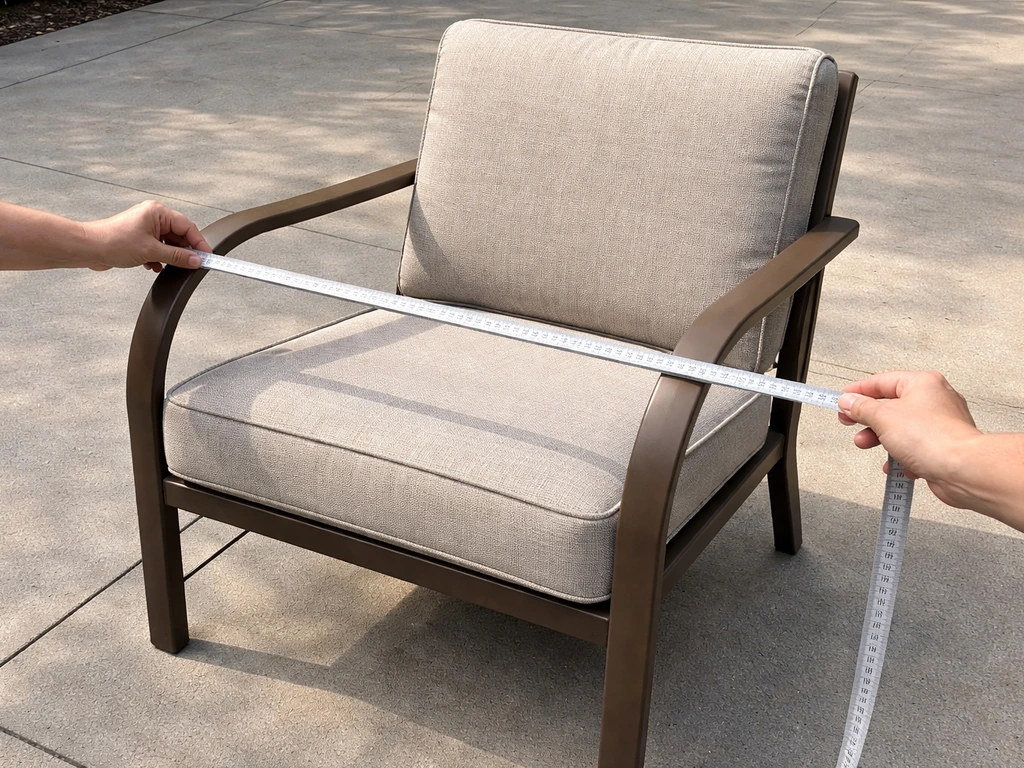 Hands using a tape measure to measure a patio chair’s widest points for a cover fit