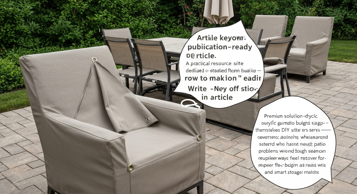 Patio dining set and chairs with custom-fitted fabric covers, one cover partially pulled back to show fit and details.