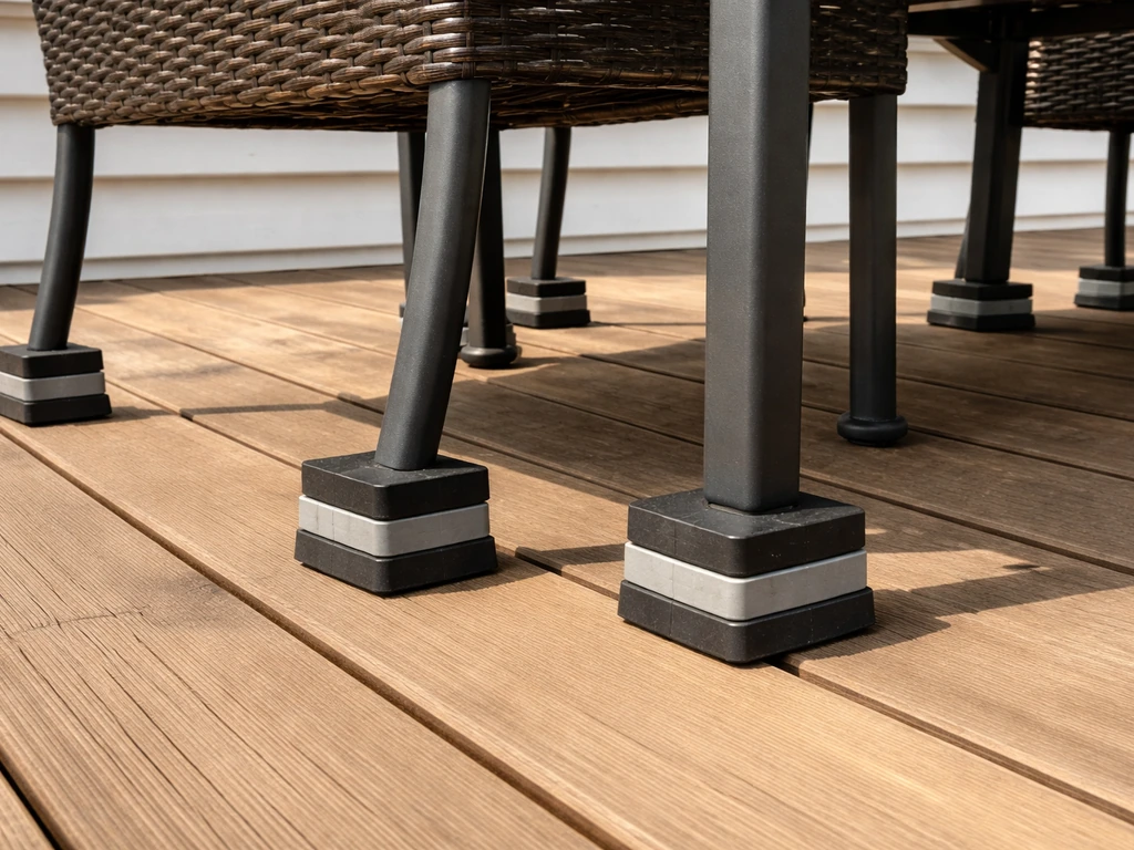 Patio furniture raised on riser blocks with a clear air gap under the legs for drainage.