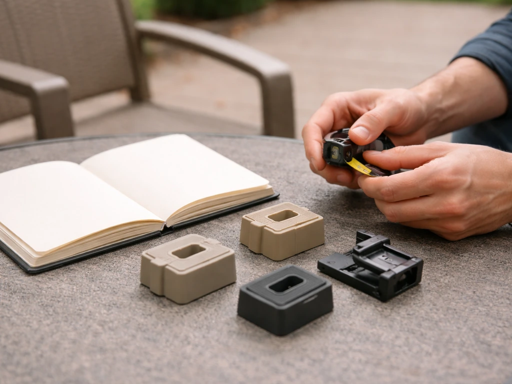 Hands measure patio seating height while comparing generic riser and lift options on a table.