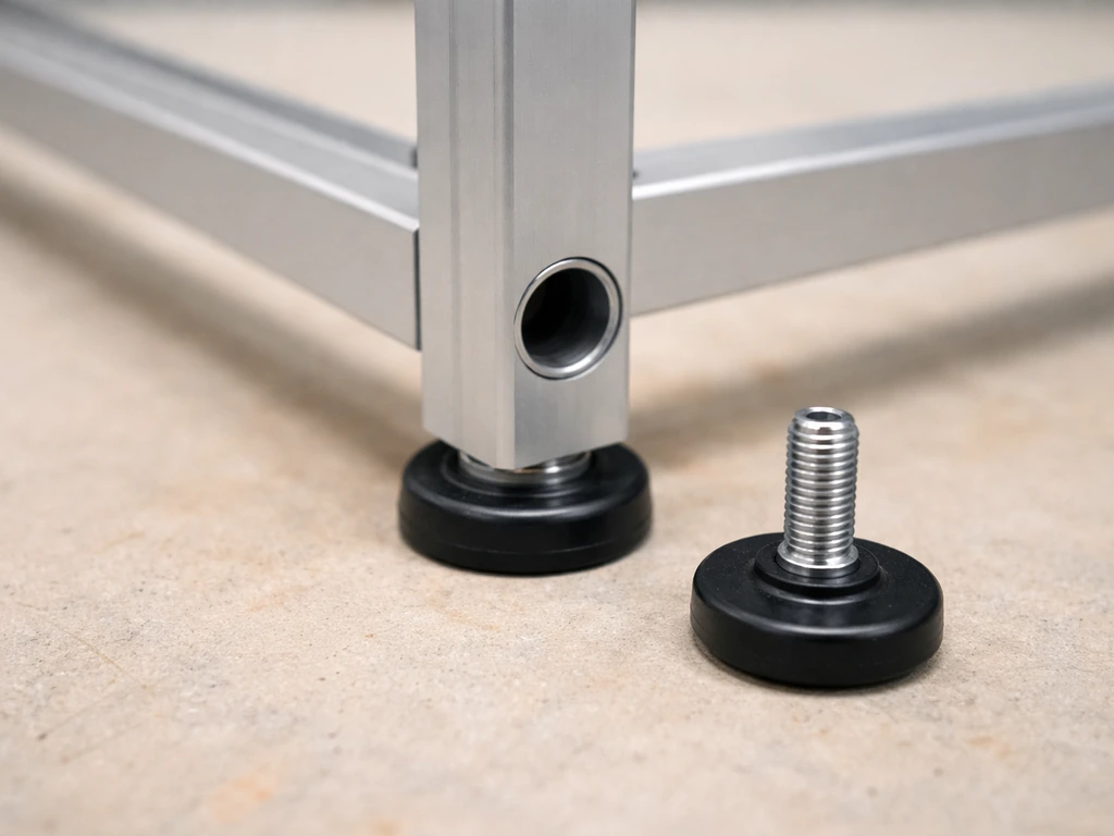 Close-up of aluminum hollow frame leg and screw-in leveling foot hardware attachment point.