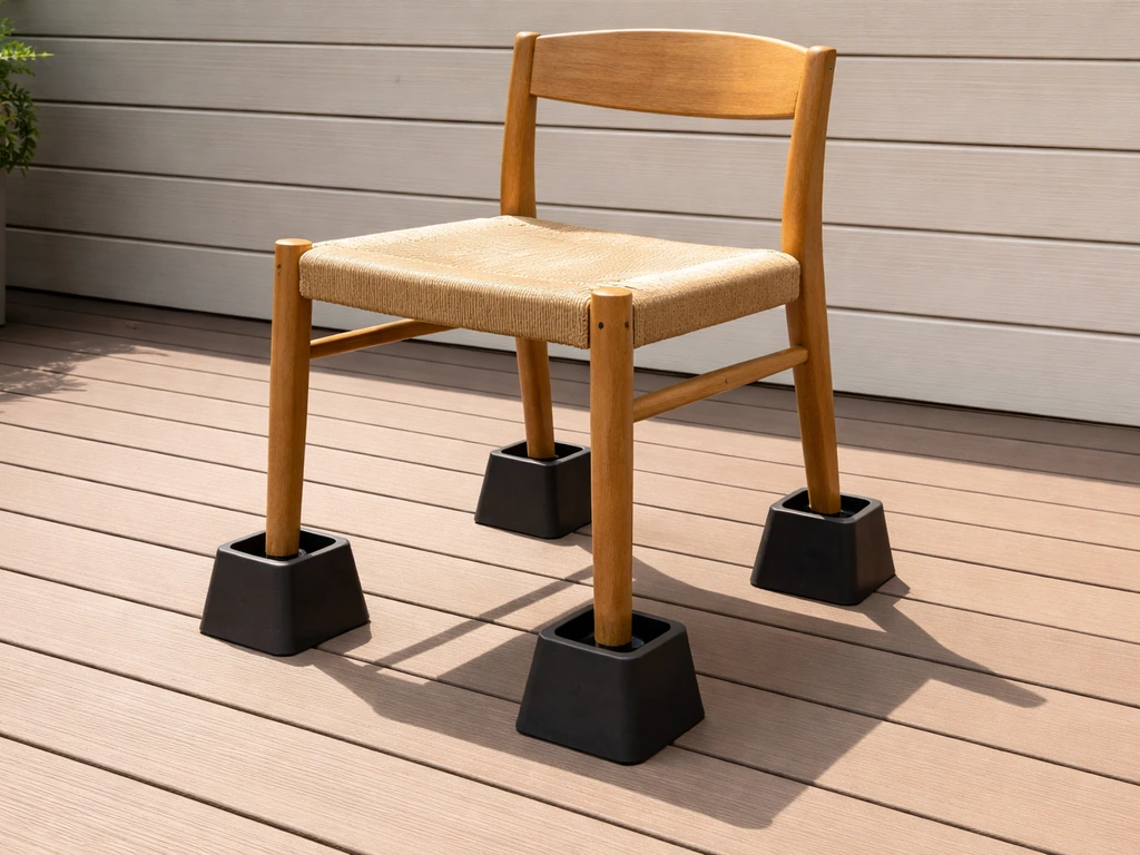 Outdoor deck chair lifted on four cup-shaped risers to improve stability and airflow.