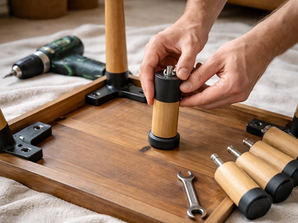 Hands install threaded screw-in leg extensions on the underside of upside-down furniture using tools.