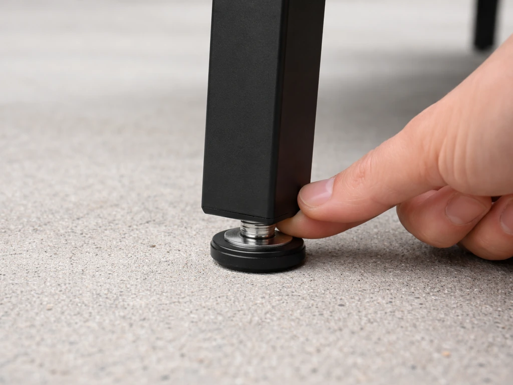 Close-up of patio furniture leg with a leveling foot being adjusted to stop wobbling