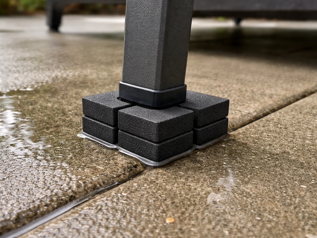 Outdoor furniture leg raised on rubber blocks with an air gap over concrete and water pooling nearby.