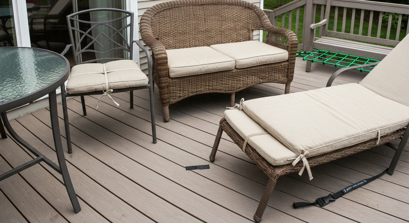 Patio seating area with cushions secured by sew-on Velcro, fabric ties through wicker, and a cam-buckle webbing strap; bungee grid visible under a bench.