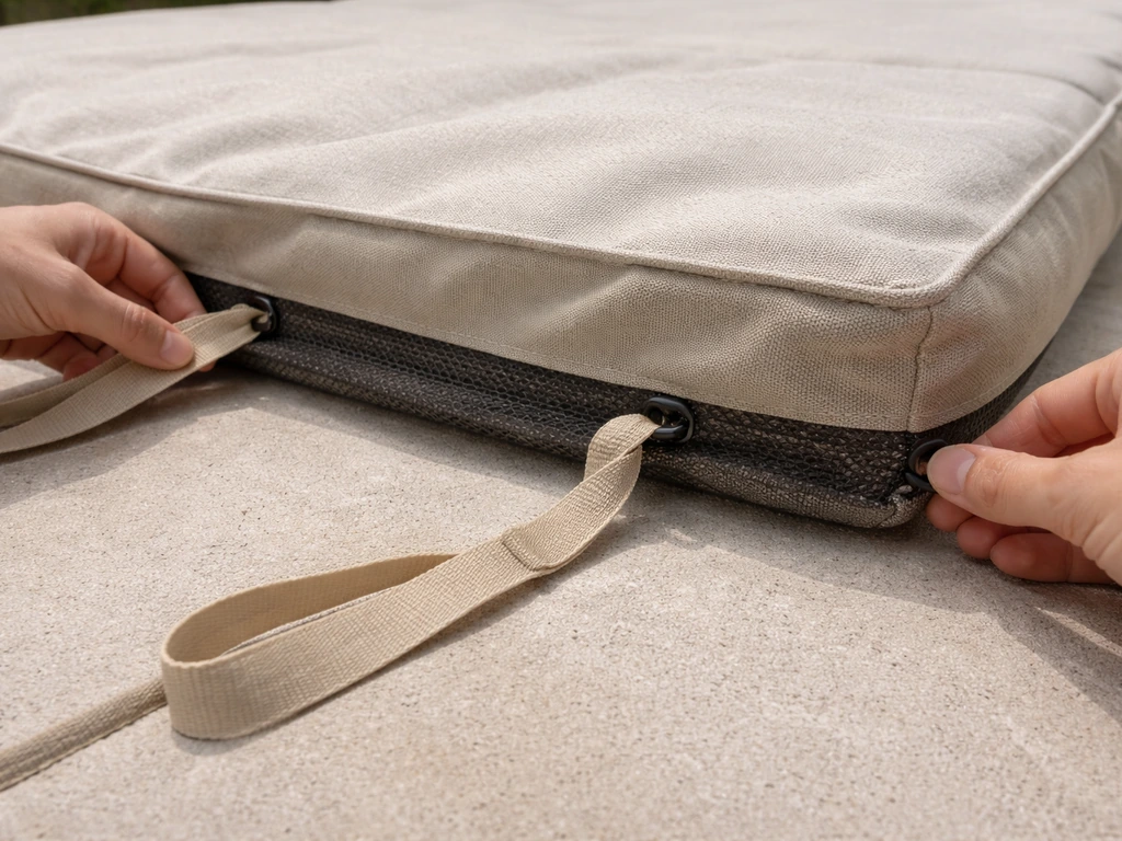 Patio cushion cover underside with tie straps and webbing being attached to anchor points to prevent slipping