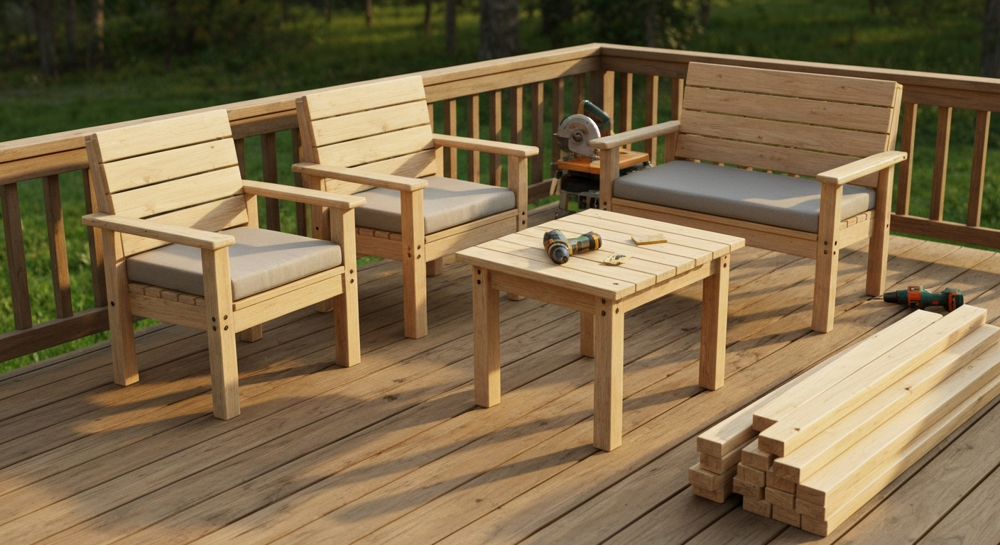 Finished patio chair, two-person bench, and small dining table made from 2x4 lumber on a wooden deck.
