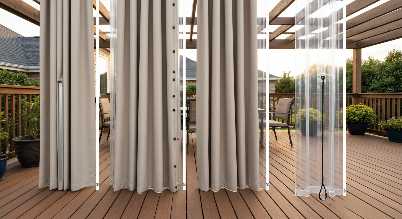 Patio with three curtain panels demonstrating a concealed bottom bar, magnetic clip weights, and a bungee floor anchor; late-afternoon exterior scene.