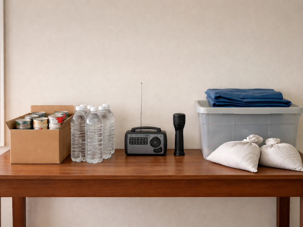 Home entry table arranged with emergency items showing a before/during/after hurricane prep sequence.