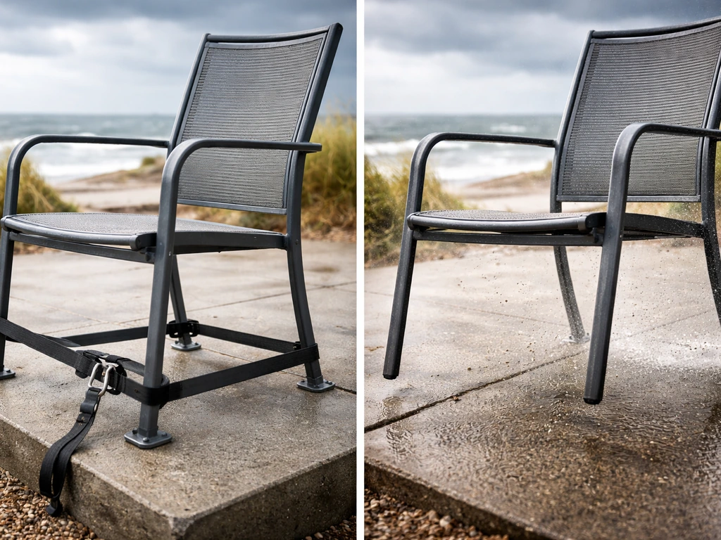 Close-up of metal patio chairs: one secured against high winds, one exposed and shifted for airborne risk