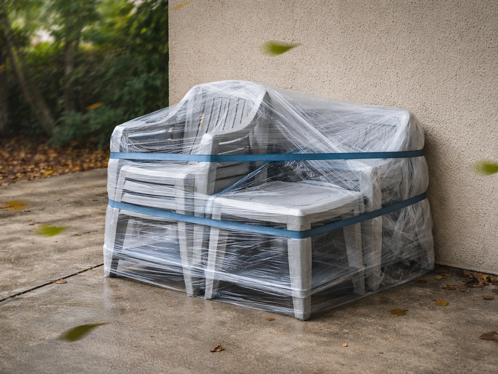 Secured lightweight plastic patio chairs and a small resin table wrapped and stacked before hurricane wind.