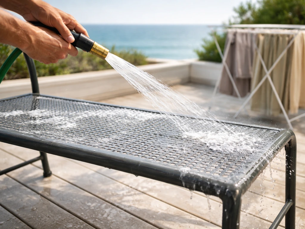Hands rinsing a patio metal bench to remove salt spray, with water droplets and drying prep nearby.
