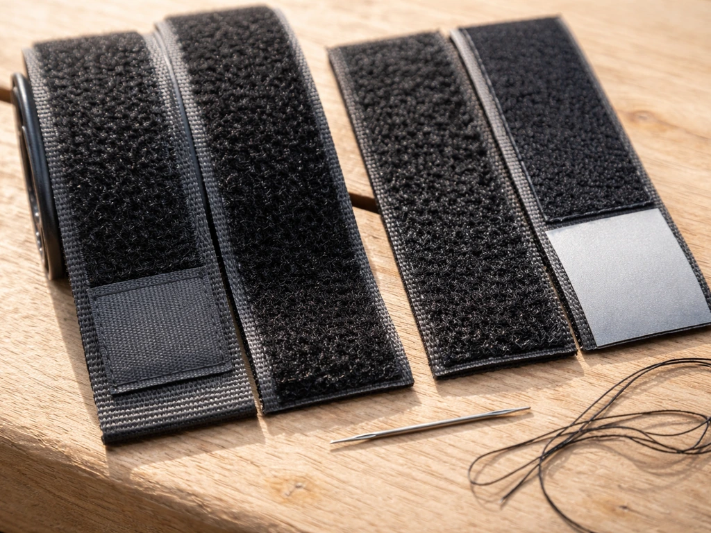 Outdoor-rated hook-and-loop tapes, UV/water-resistant labels visible, sew-on and adhesive-backed types on a workbench.