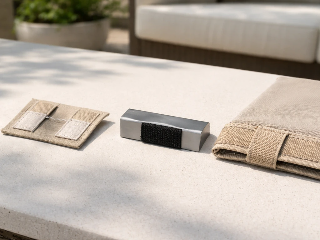 Three small fabric and velcro samples showing sewn closure, adhesive strips, and layered wind-retention setup.