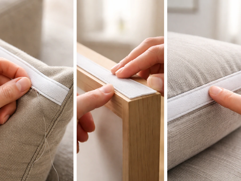 Triptych of sewing Velcro on fabric, pressing adhesive strip to a frame, and aligning strips on a cushion edge