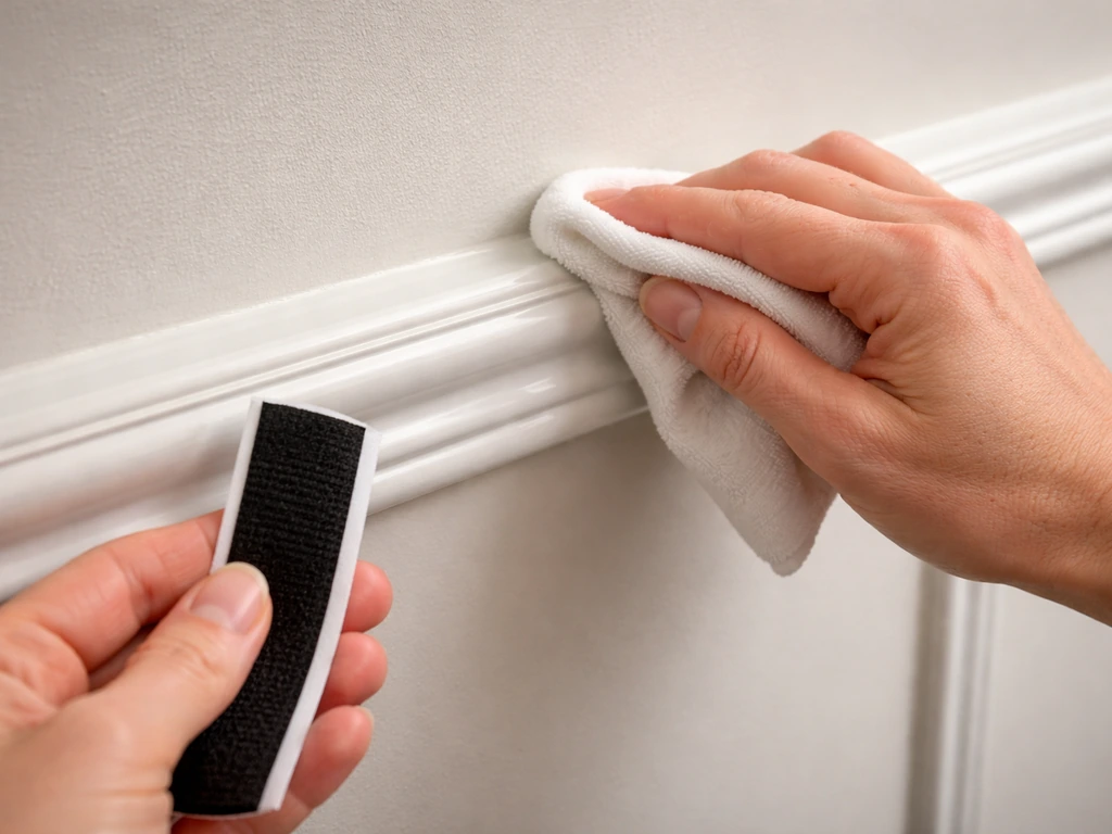 Hands wipe a chair rail with isopropyl alcohol cloth while holding an adhesive-backed Velcro strip nearby.