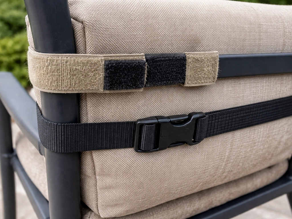 Outdoor patio cushion fastened to a metal frame with Velcro and an anti-slip strap in daylight.