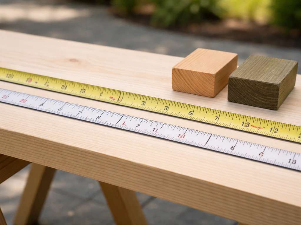 Tape measure and yardstick on a patio wood board with small wood samples indicating bench height and depth.