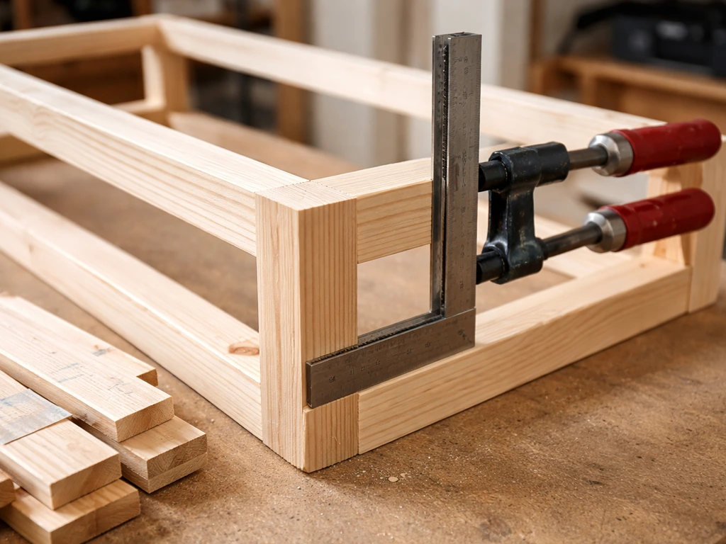Carpenter’s square checking a bench frame corner joint, with clamps and taped labeled slats on a workshop table.