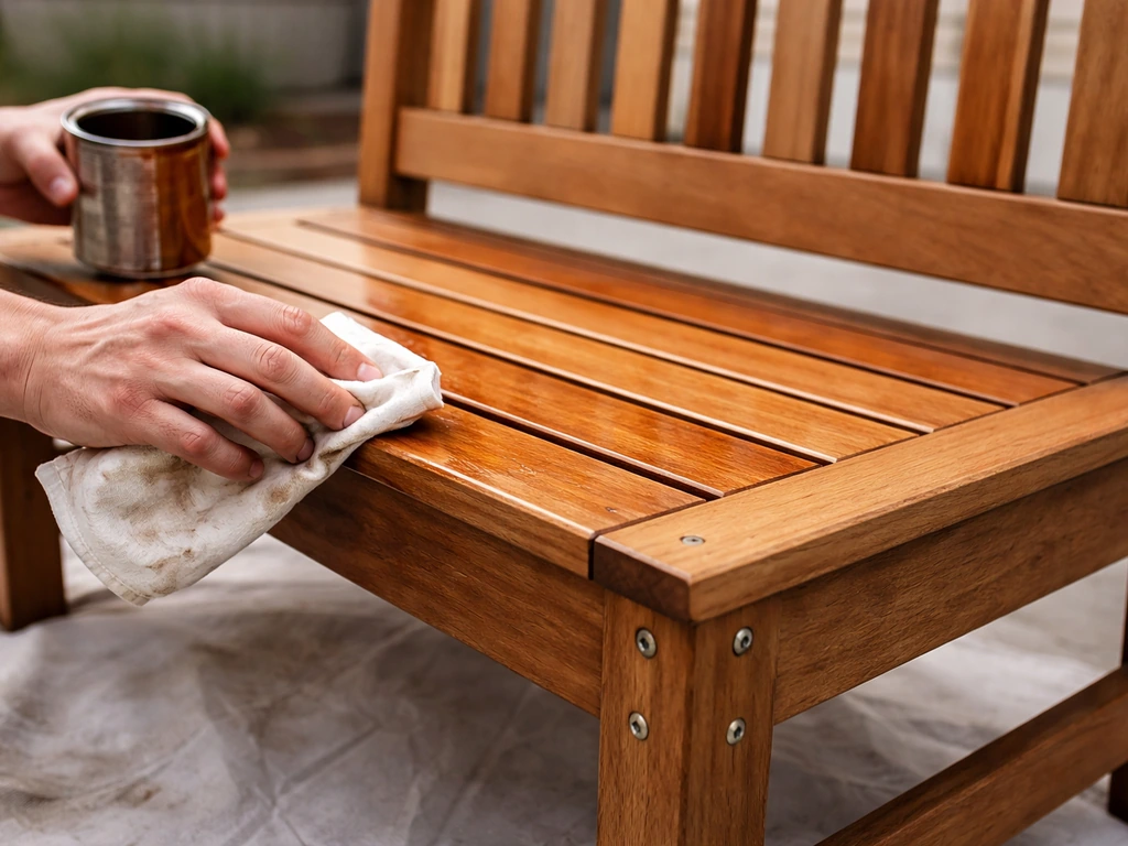Person applying outdoor stain to a wooden bench; exterior-rated screws visible; bench on a drop cloth.