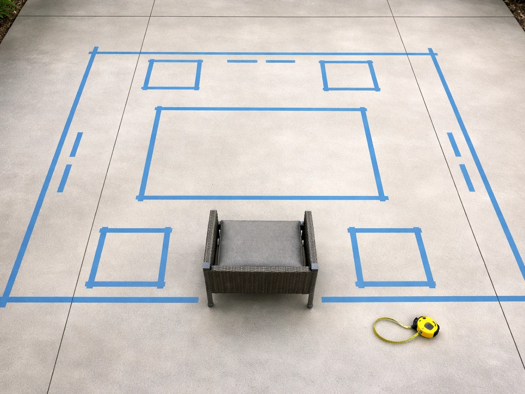 Top-down view of a blank patio with painter’s tape clearances, taped zones, and a measuring tape for layout planning.