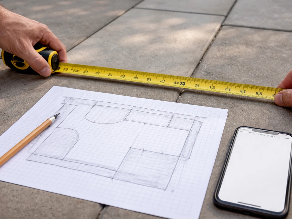 Hands measuring a patio with tape and marking a simple scaled plan on graph paper.