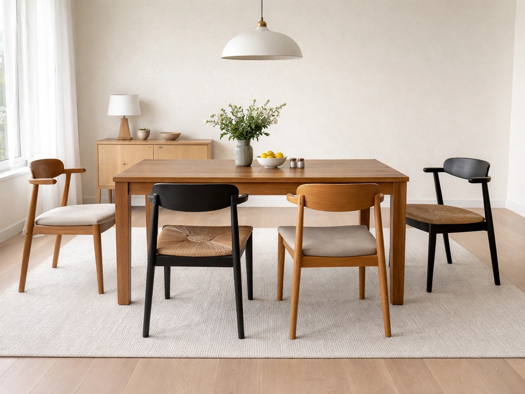 Dining table with chairs fully pulled out, showing clear space around the table in a bright room.