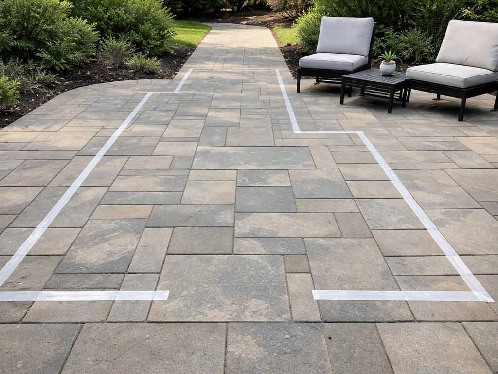 Patio lounge furniture sits beside clear tape lines marking an open walking path.