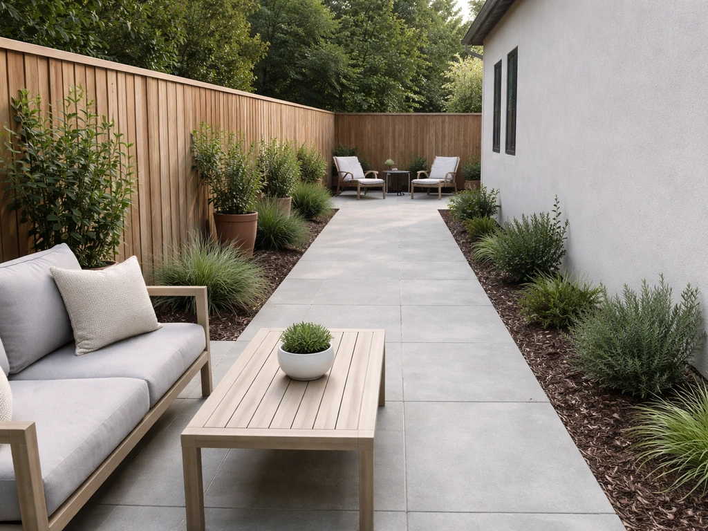 Long, narrow patio with furniture zones split across the width to avoid a tunnel effect.