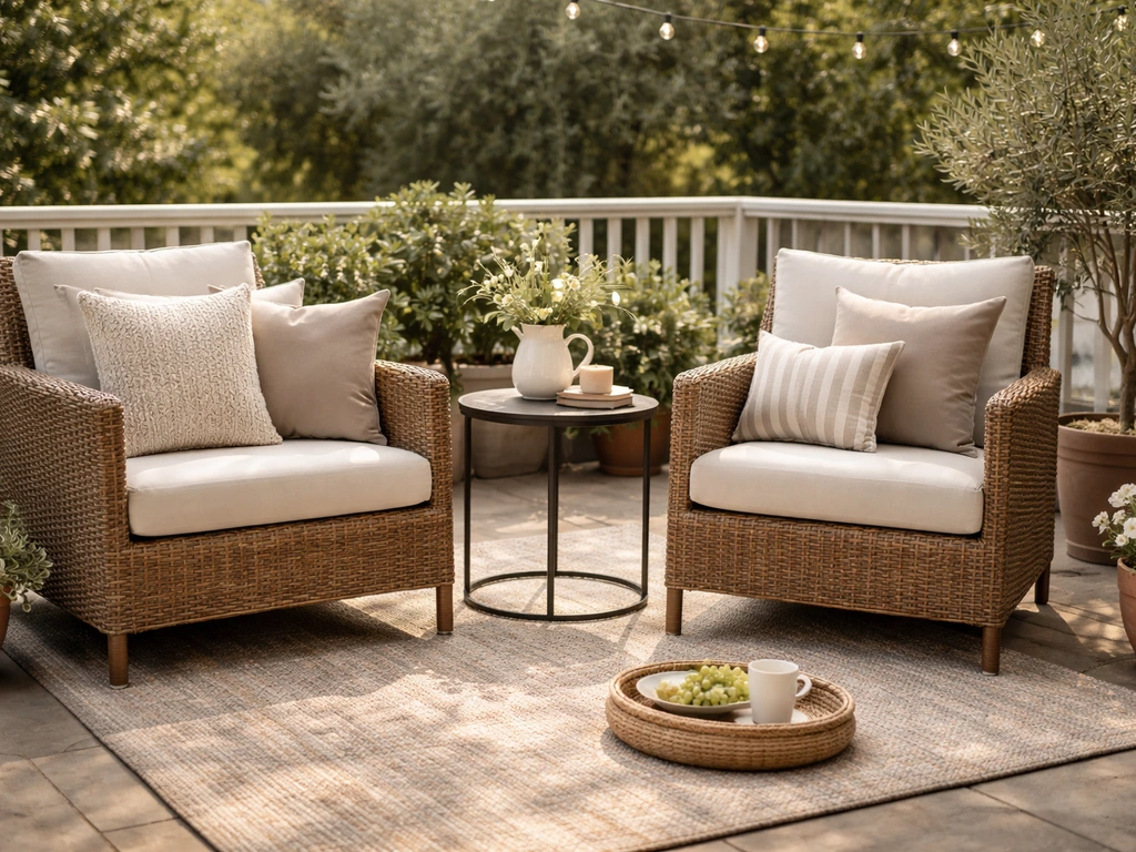 Cohesive mixed patio furniture set with rattan chairs, fabric cushions, and a metal side table in a simple outdoor space