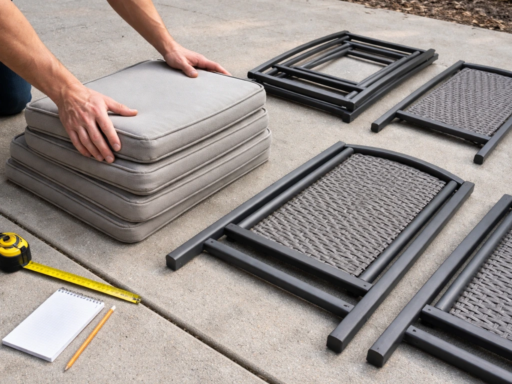 Hands gather patio furniture pieces on a driveway while measuring with a tape measure.