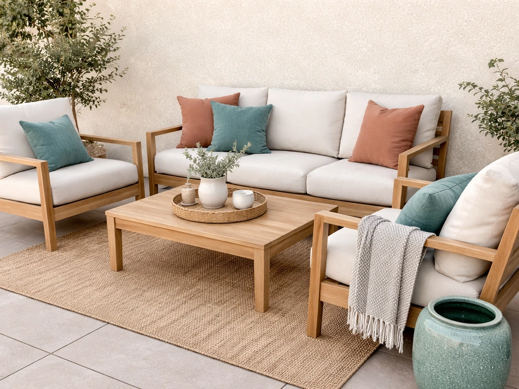 Neat patio seating in dominant, secondary, and small accent colors with subtle textures and patterns.