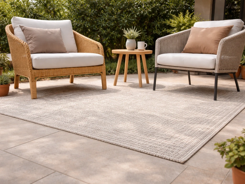 Outdoor lounge grouping with mixed rattan seating anchored by a correctly sized rug under the front legs.