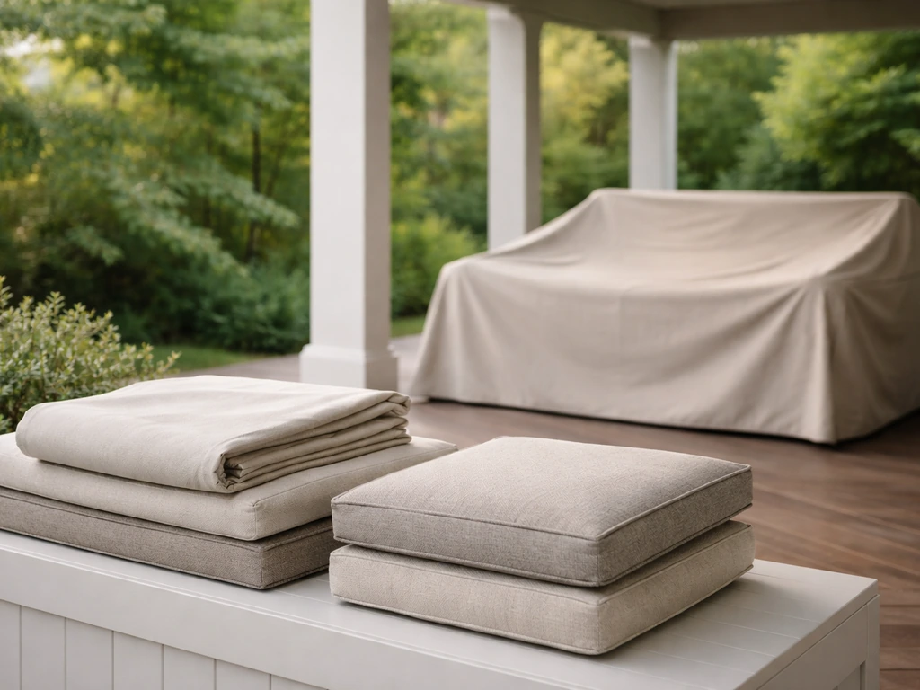 Patio furniture covered on a shaded porch with neatly stored spare covers and cushions