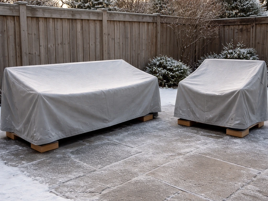 Winter patio furniture lifted off the ground on blocks under a breathable waterproof cover, dry and protected.