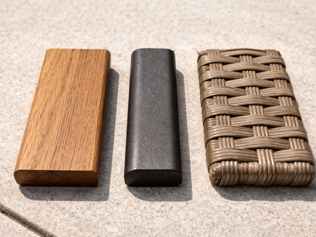 Side-by-side close-up of wood, metal, and wicker patio furniture materials on an outdoor patio surface.